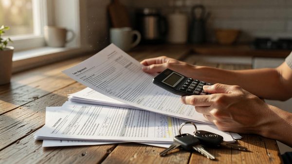 A driver reviewing loan paperwork and a calculator at a kitchen table beside a set of car keys.