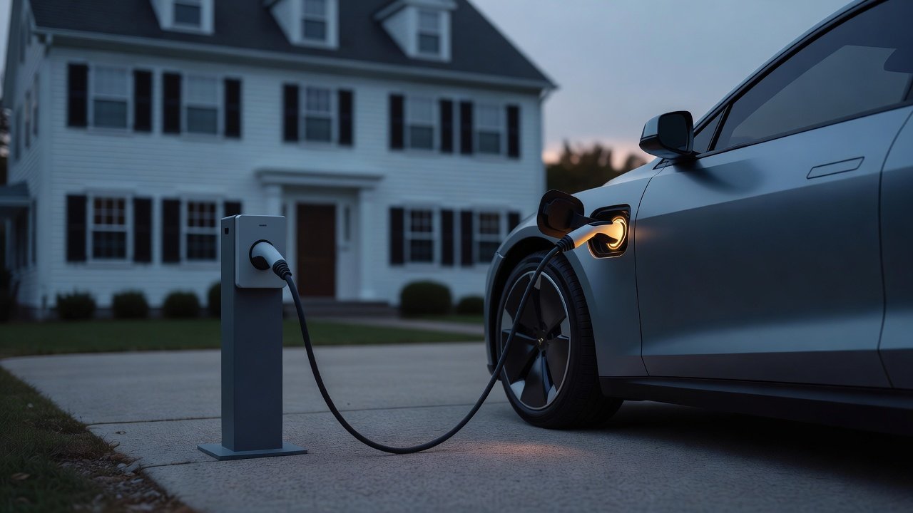 An electric vehicle charging at a home driveway charger beside a Connecticut license plate.