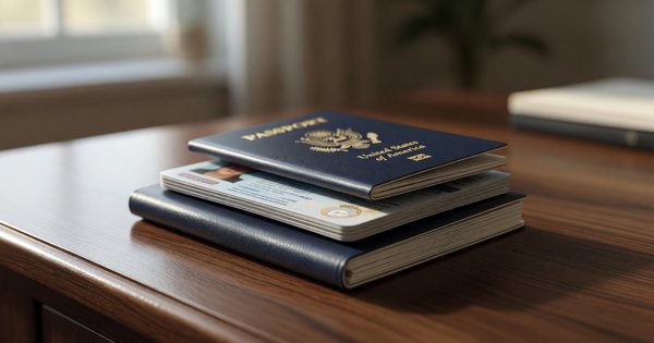 A stack of travel documents including a passport, US driver's license, and an international driving permit booklet on a wooden desk.